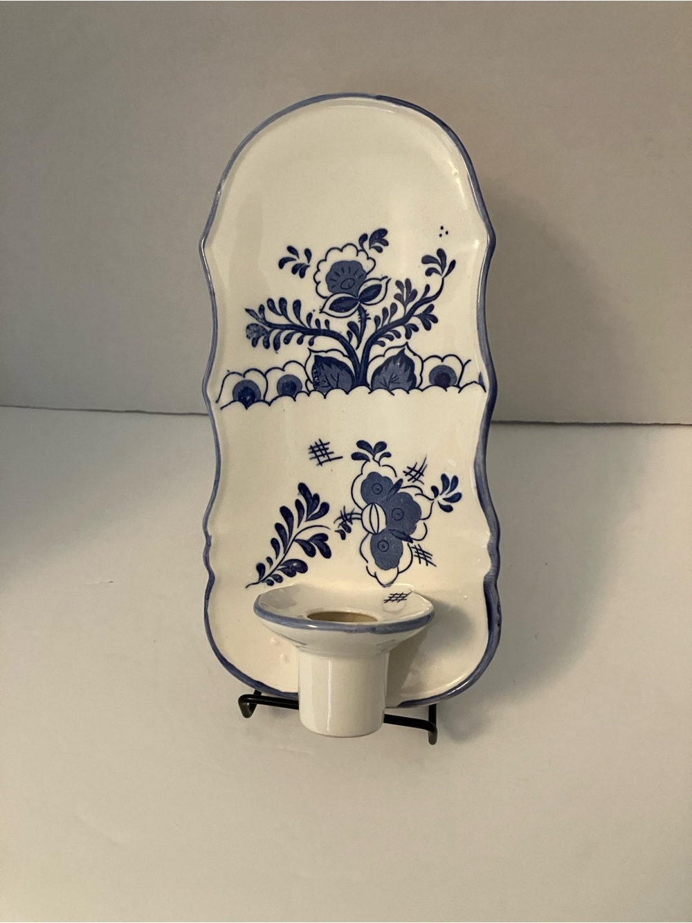 Delft Vintage Blue and White Floral Ceramic Wall Pocket with Candle Holder